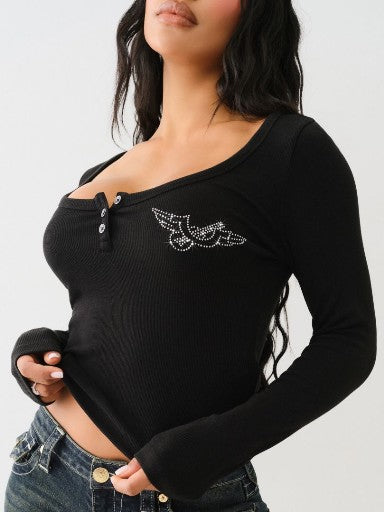 True Religion Scoop Neck Ls Henley Rib Top Jet Black