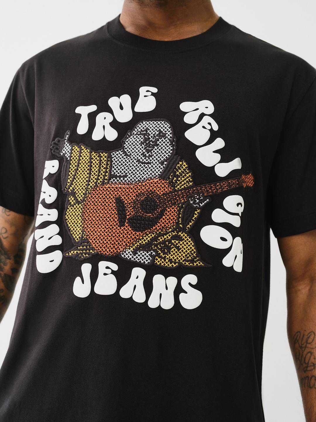 True Religion Cross Stitch T-Shirt Hippie Buddha Jet Black