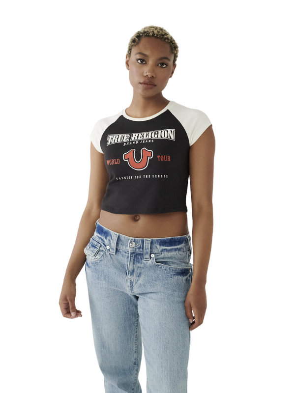 True Religion T-Shirt Ladies Super Crop Raglan Logo Black-White