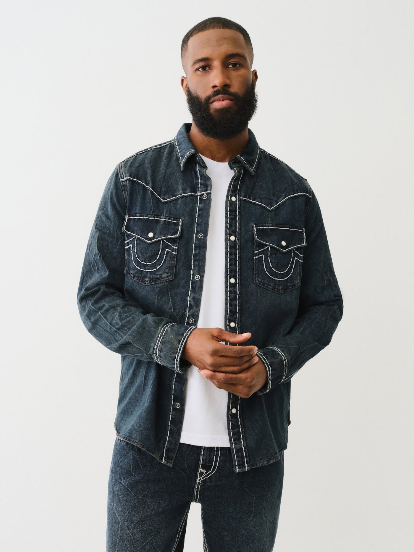 True Religion Super T Western Denim Shirt Fleet Blue Blk Wash