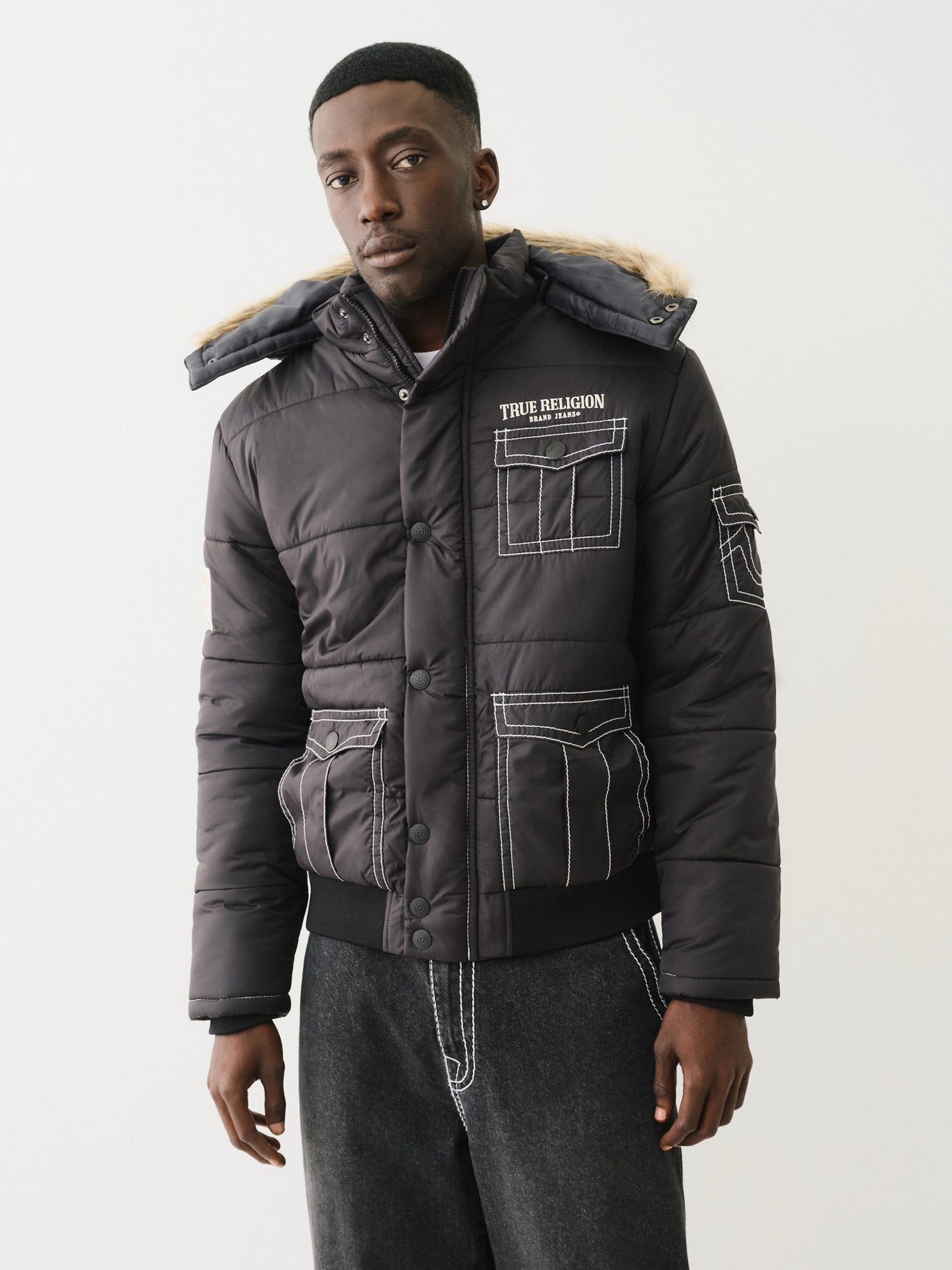 True Religion Big T Fur Hood Puffer Jacket Phantom