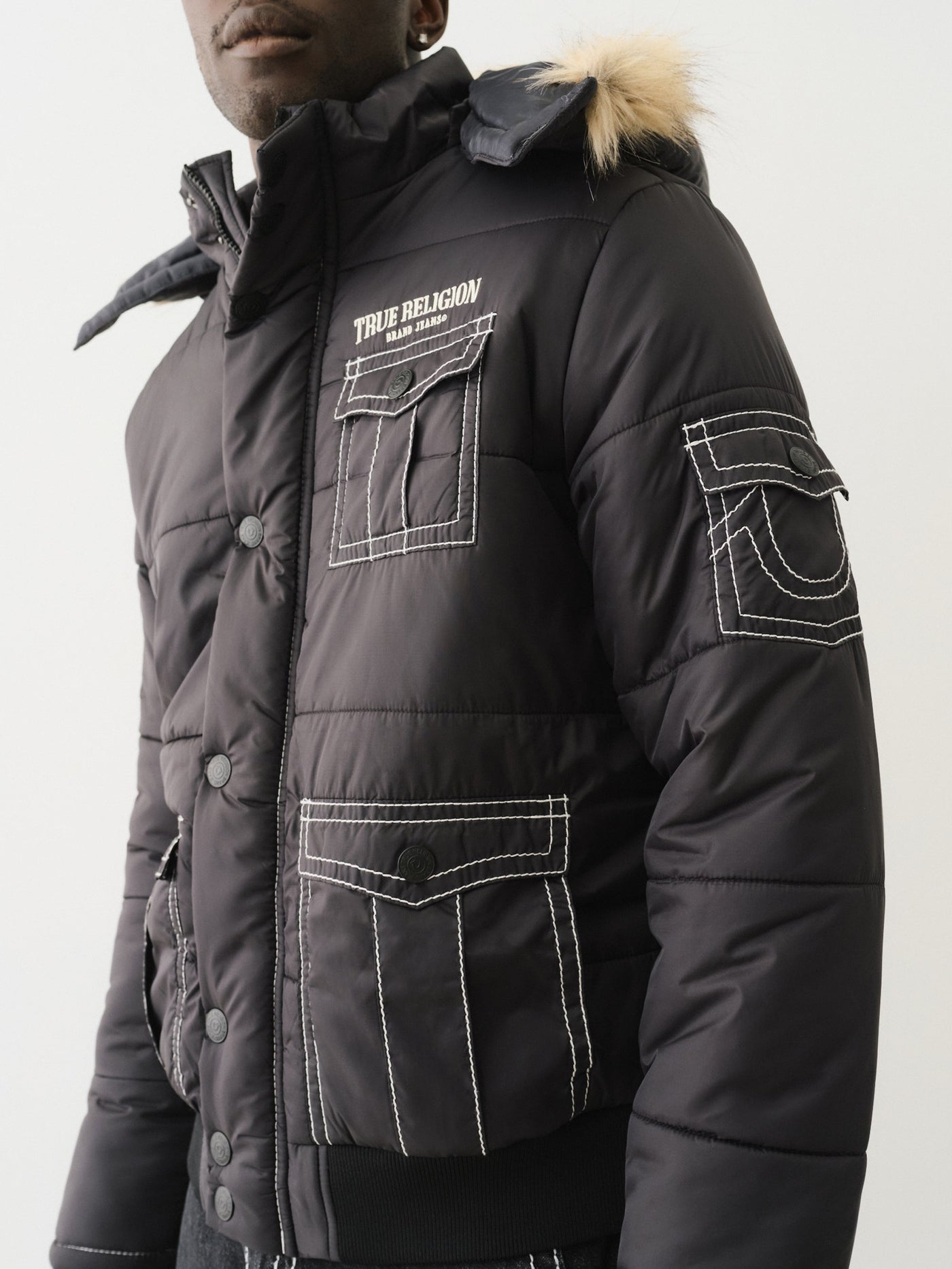 True Religion Big T Fur Hood Puffer Jacket Phantom