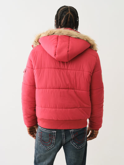 True Religion Big T Fur Hood Puffer Jacket Red Dahlia