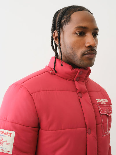 True Religion Big T Fur Hood Puffer Jacket Red Dahlia