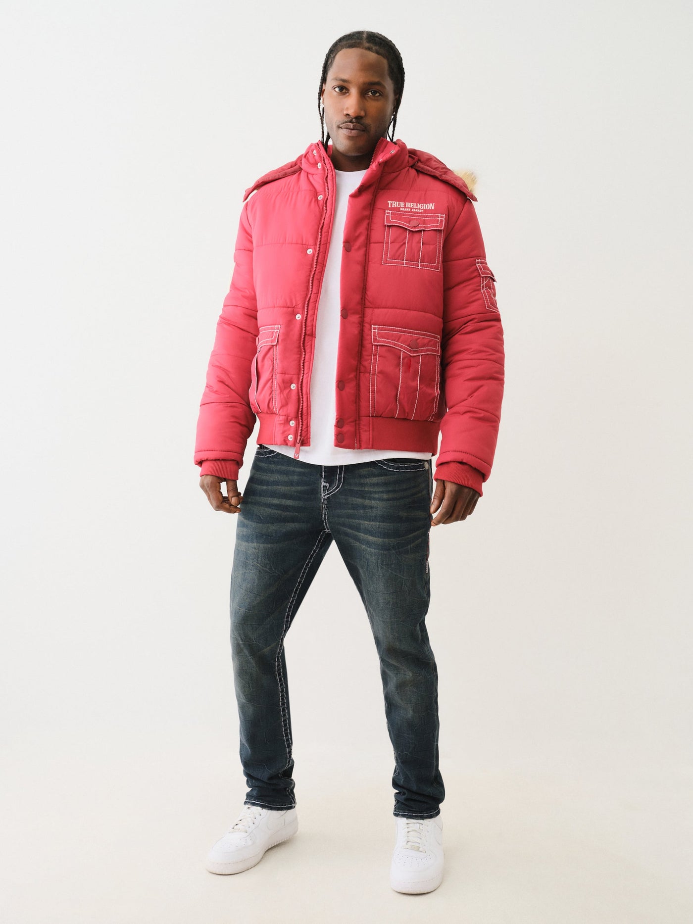 True Religion Big T Fur Hood Puffer Jacket Red Dahlia
