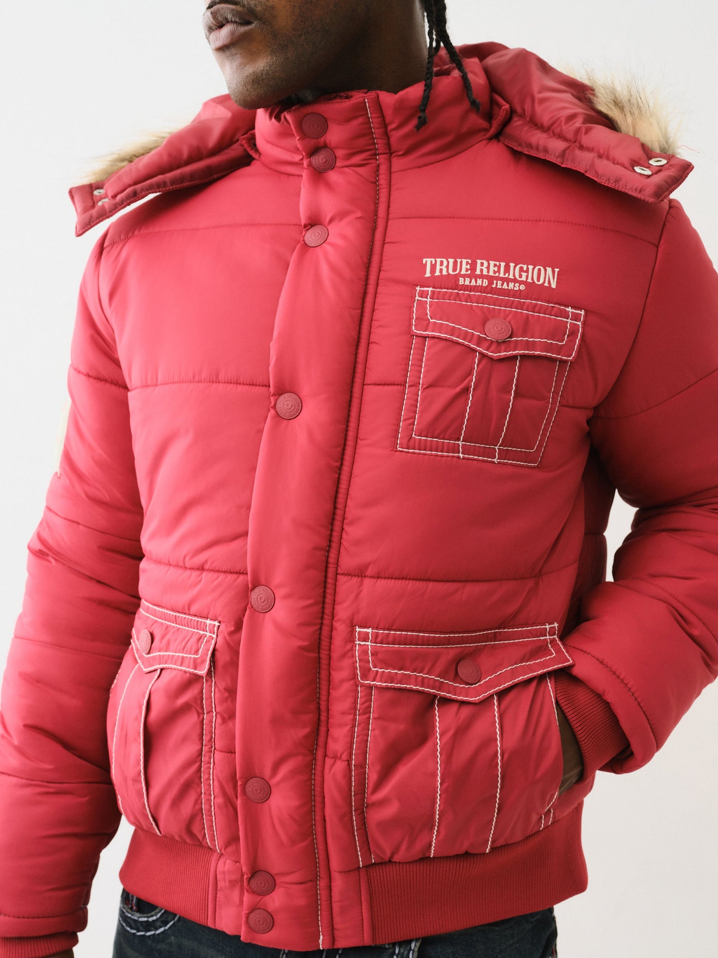 True Religion Big T Fur Hood Puffer Jacket Red Dahlia