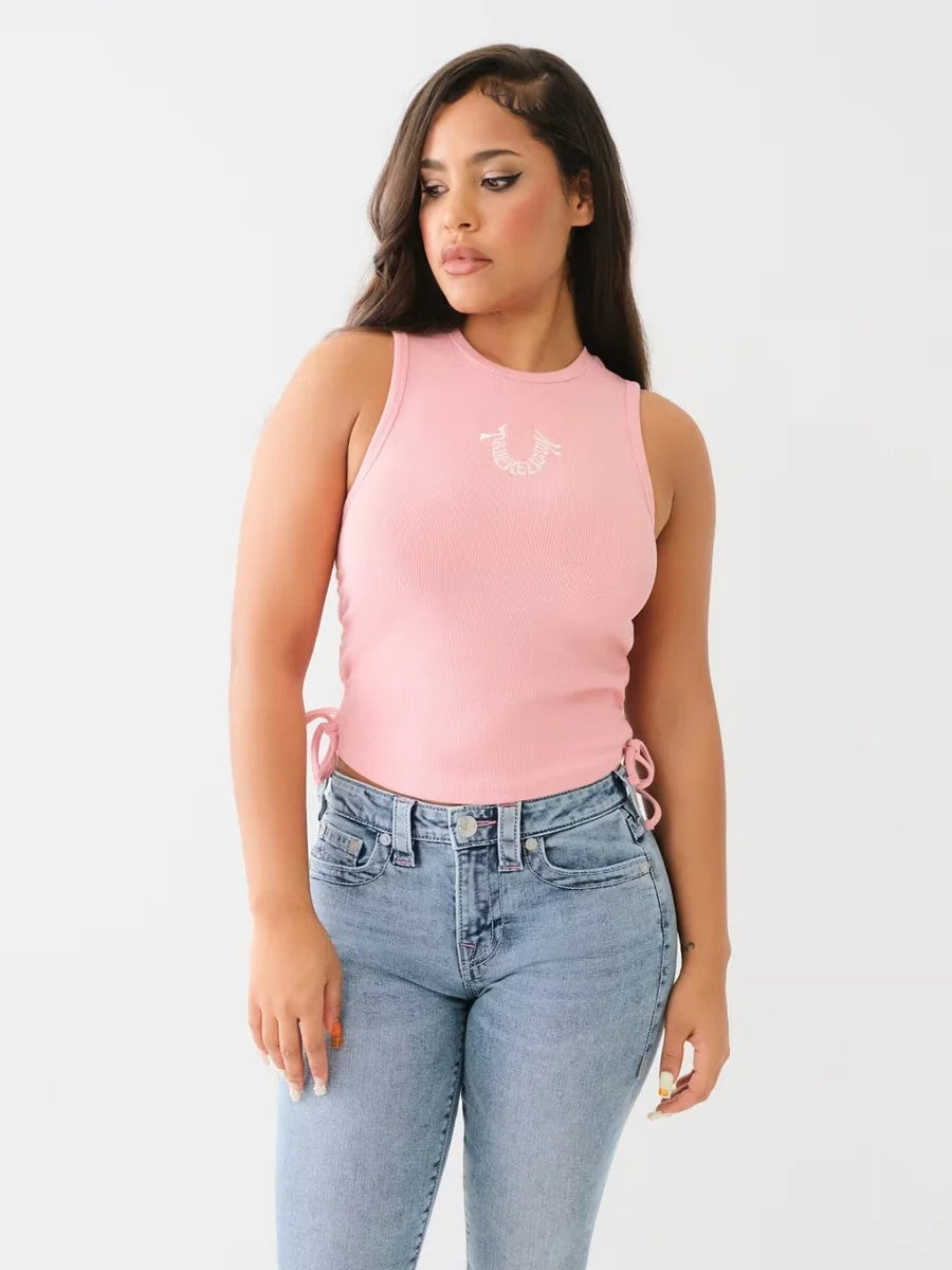 True Religion Crew Ladies Embroidery Side Ruched Tank Rosebud