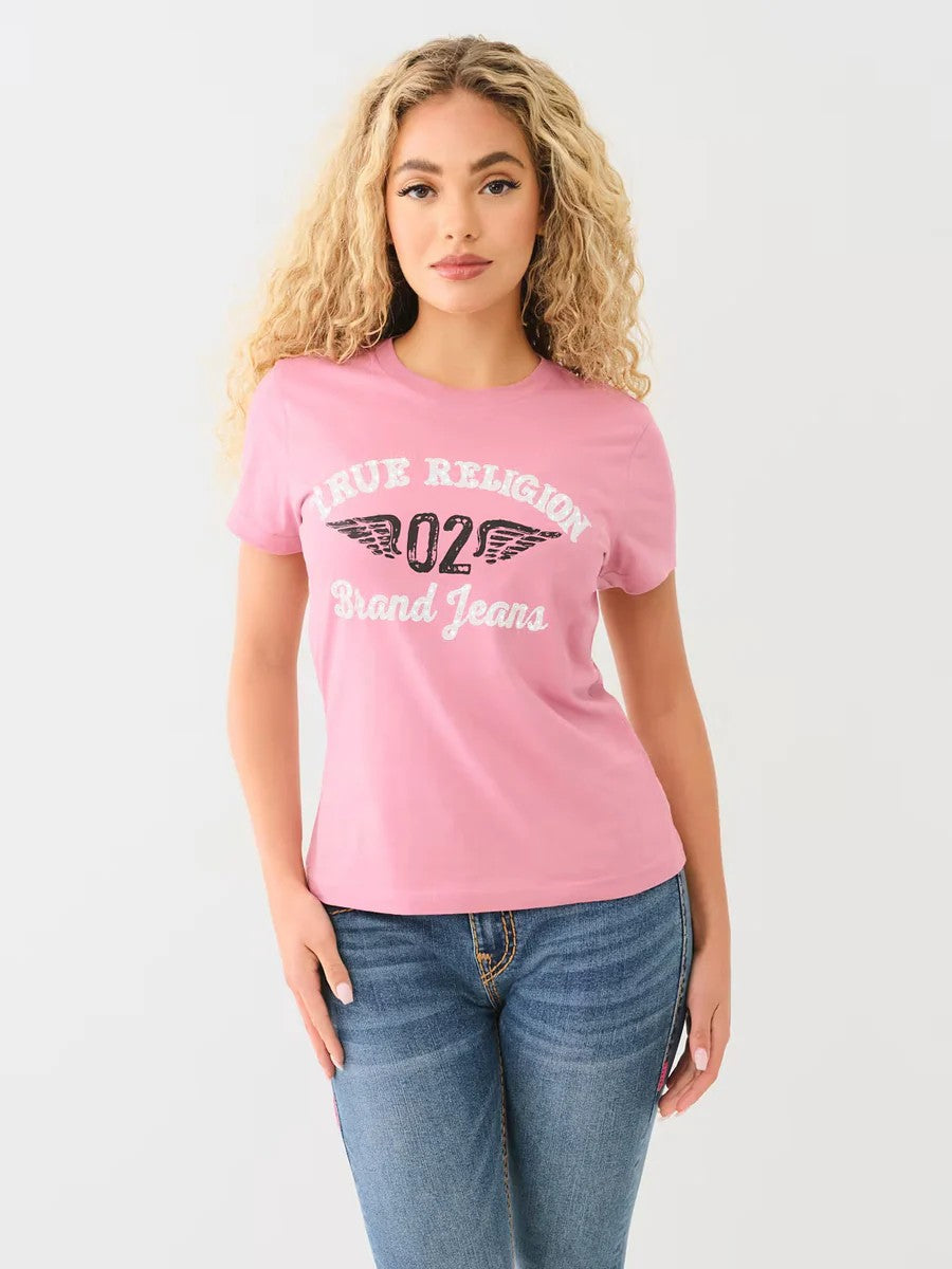 True Religion Crew Ladies Crystal Arched Logo Heather Rose