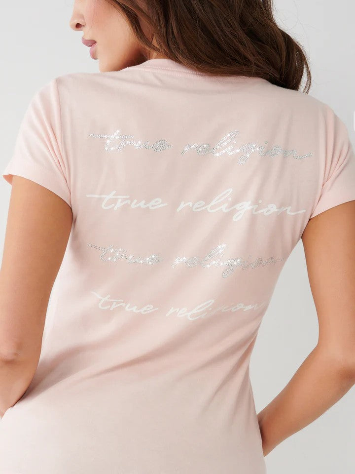 True Religion Crew Ladies Crystal Script Rose