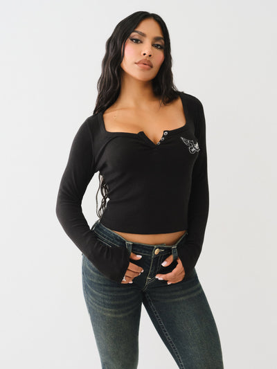 True Religion Scoop Neck Ls Henley Rib Top Jet Black