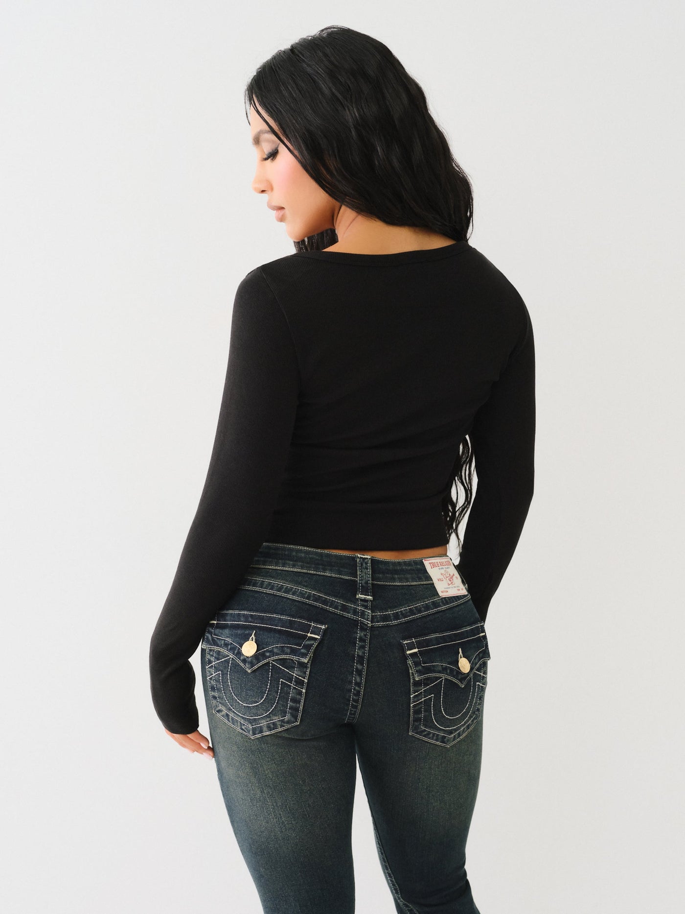 True Religion Scoop Neck Ls Henley Rib Top Jet Black