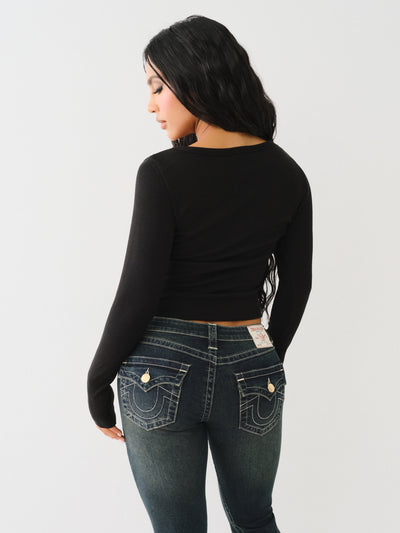 True Religion Scoop Neck Ls Henley Rib Top Jet Black