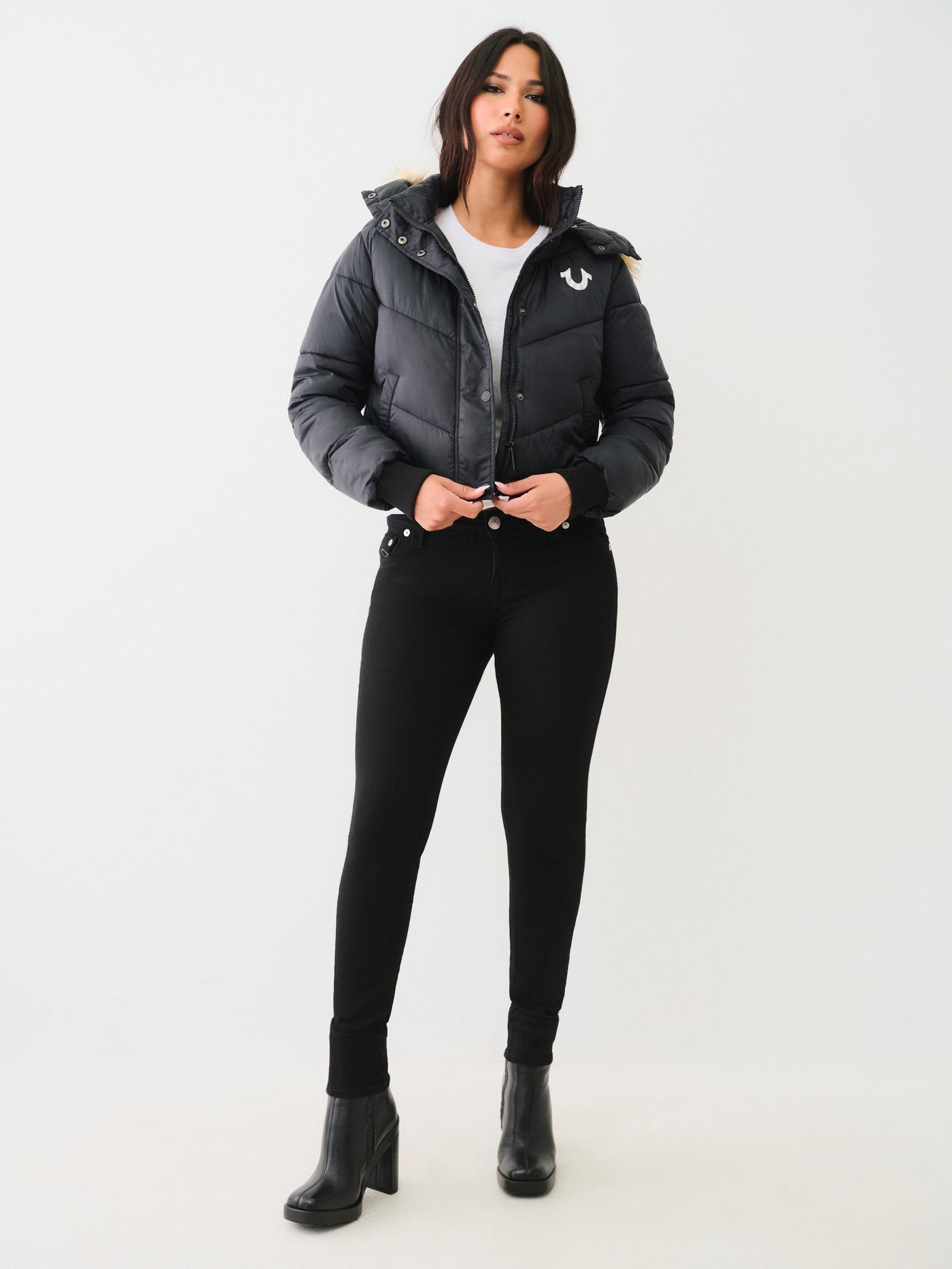 True Religion Fur Trim Puffer Jacket Jet Black