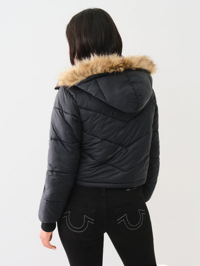 True Religion Fur Trim Puffer Jacket Jet Black