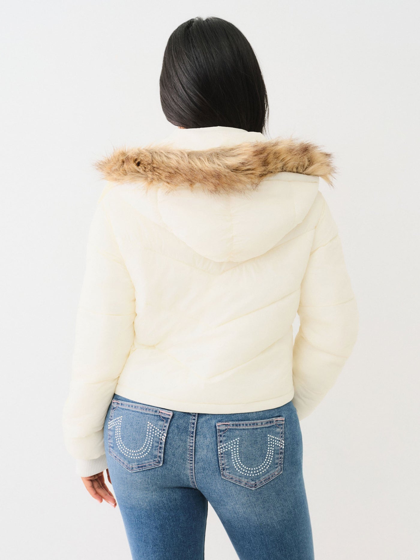 True Religion Fur Trim Puffer Jacket Winter White