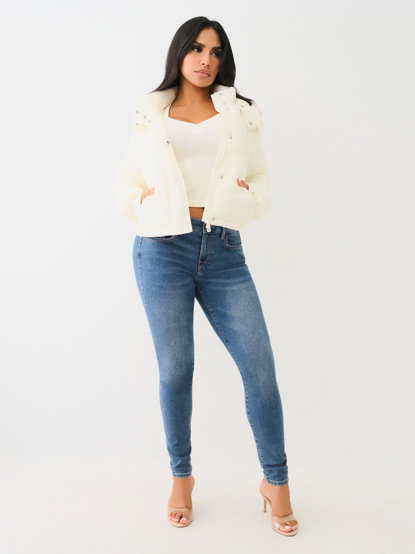 True Religion Fur Trim Puffer Jacket Winter White