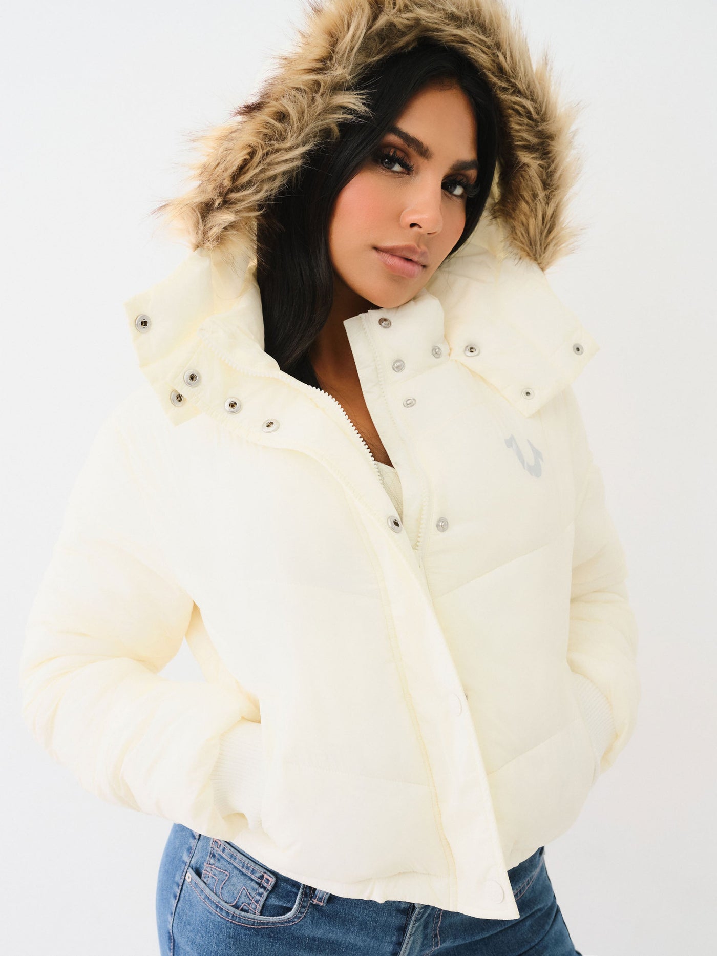 True Religion Fur Trim Puffer Jacket Winter White