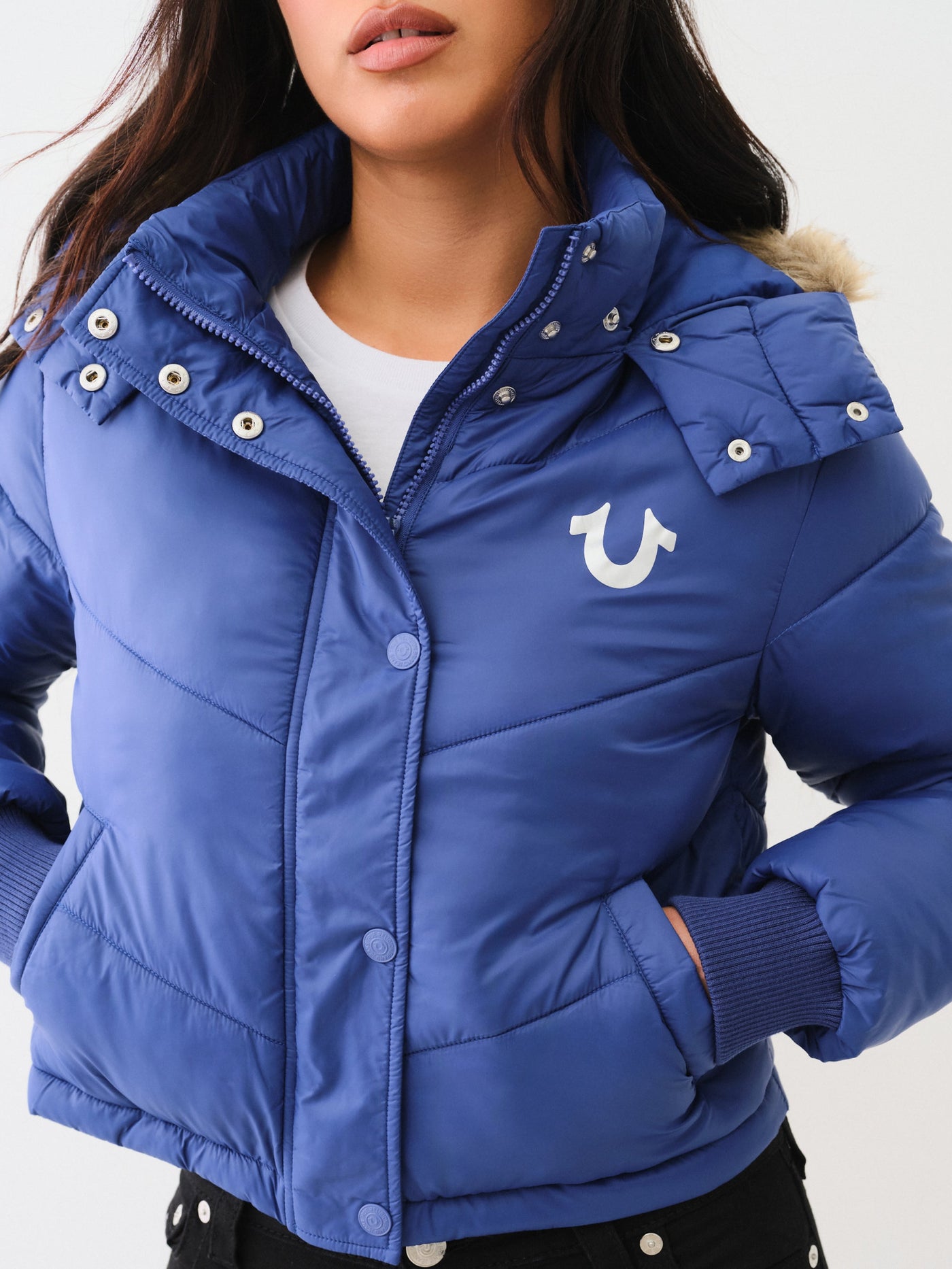 True Religion Fur Trim Puffer Jacket Sodalite Blue