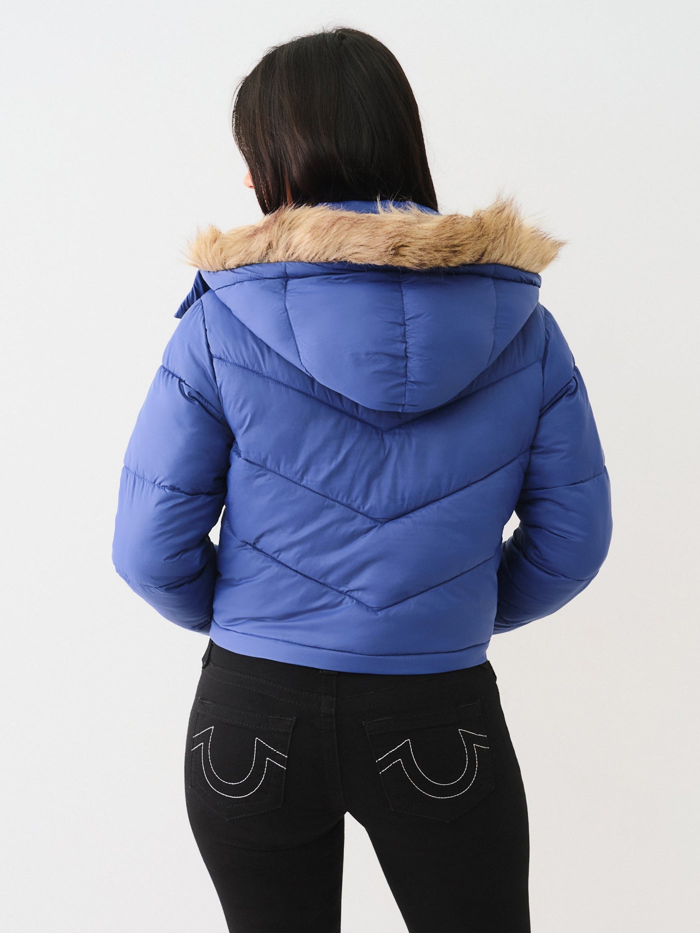 True Religion Fur Trim Puffer Jacket Sodalite Blue