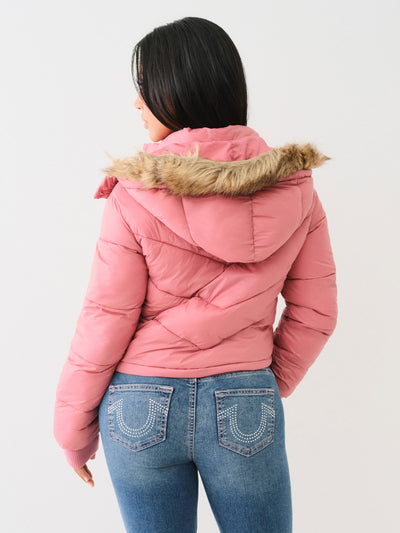 True Religion Fur Trim Puffer Jacket Mauvewood