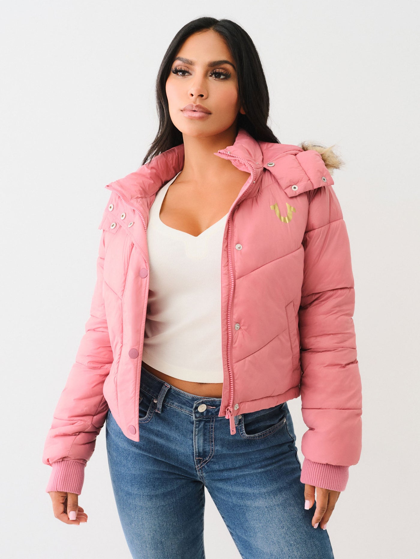 True Religion Fur Trim Puffer Jacket Mauvewood