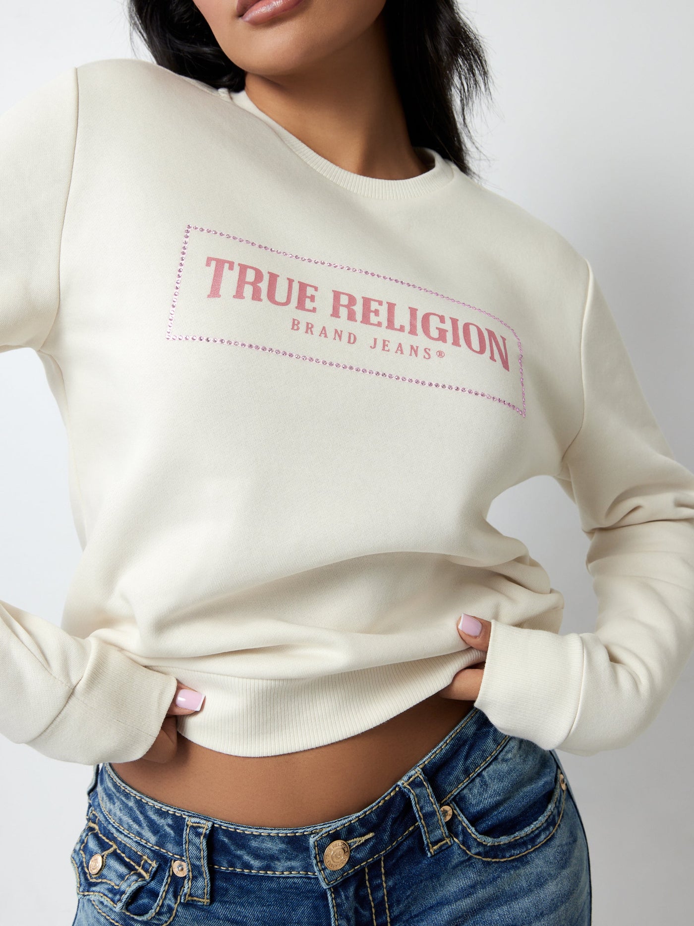 True Religion Crystal Logo Classic Crew Neck Winter White