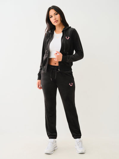 True Religion Velour Lurex Big T Zip Hoodie Jet Black