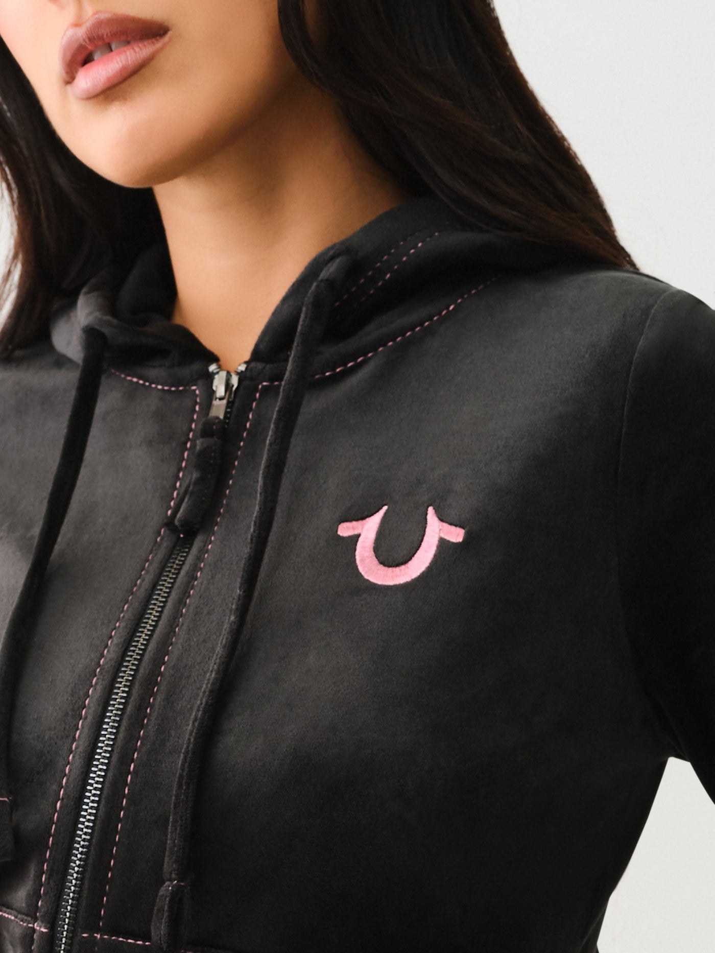 True Religion Velour Lurex Big T Zip Hoodie Jet Black