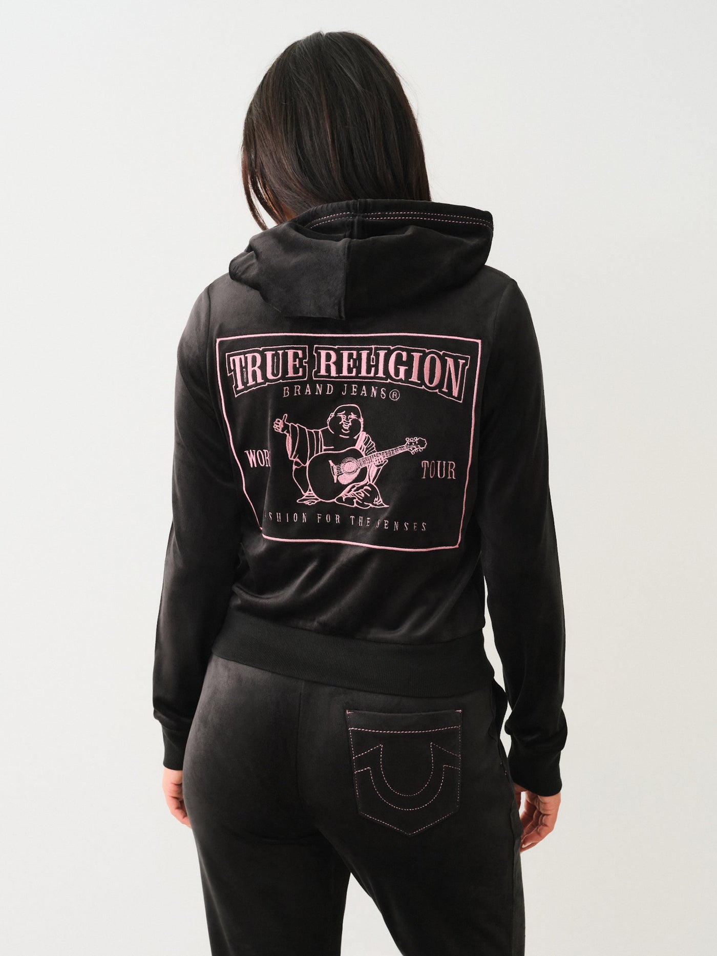 True Religion Velour Lurex Big T Zip Hoodie Jet Black