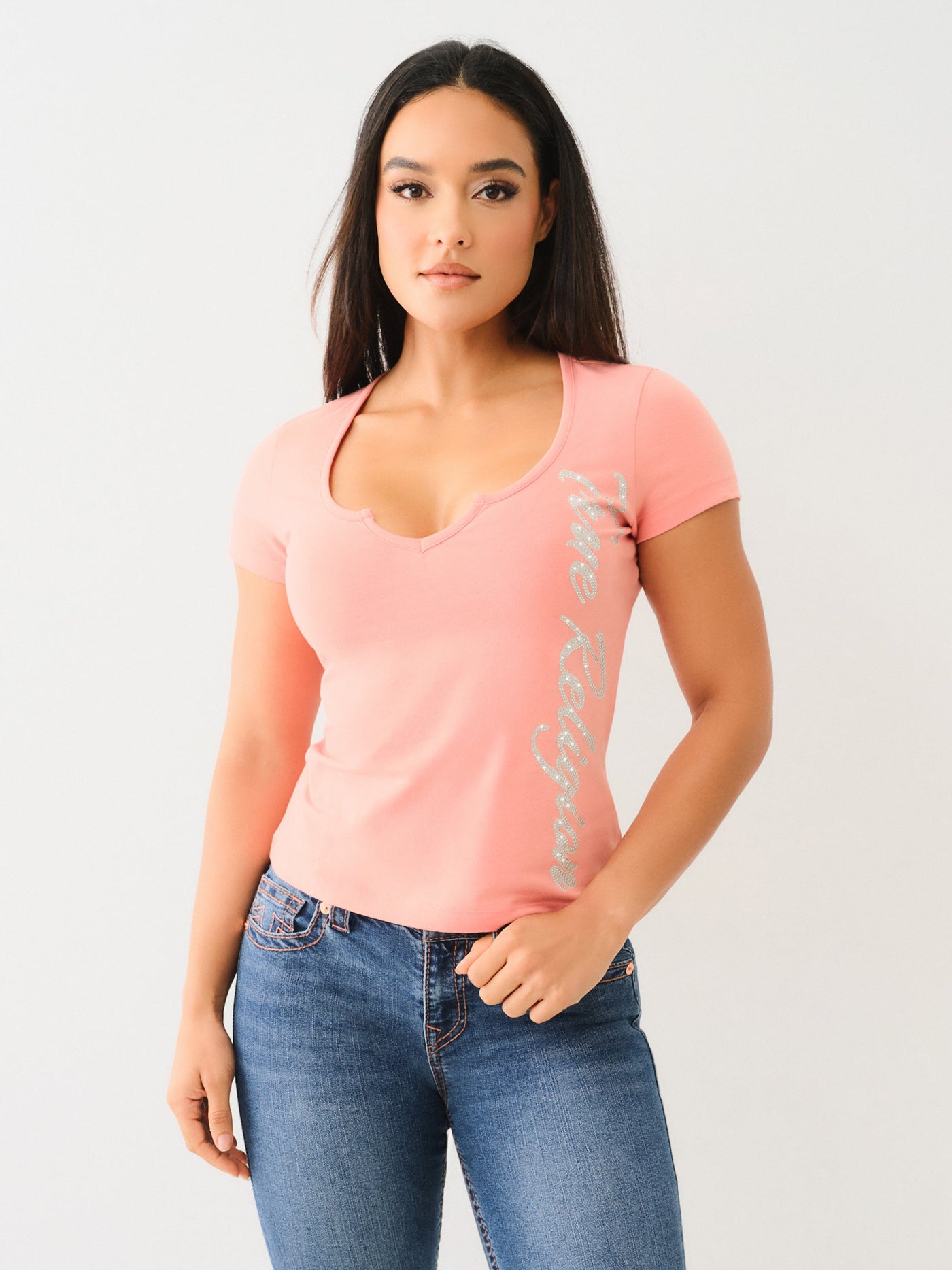 True Religion Crystal Tr V Notch Tee Burnt Coral