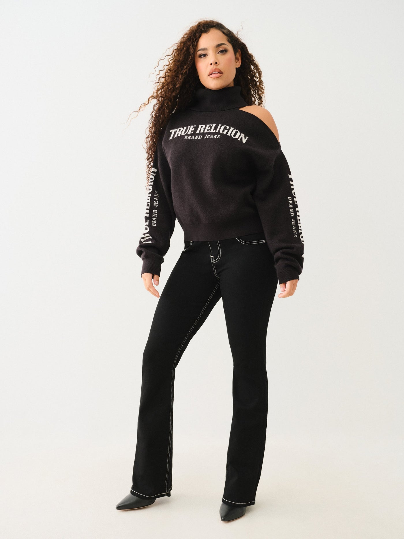 True Religion Turtle Neck Cold Shoulder Swtr Jet Black