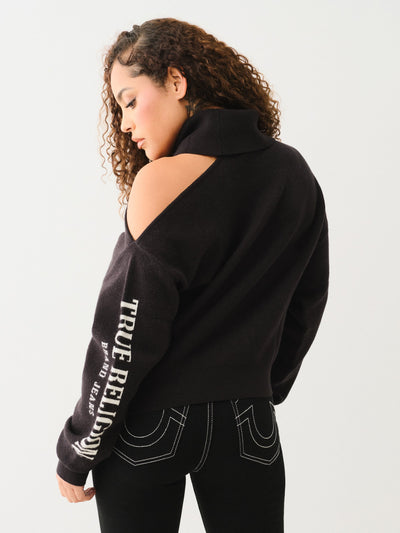 True Religion Turtle Neck Cold Shoulder Swtr Jet Black