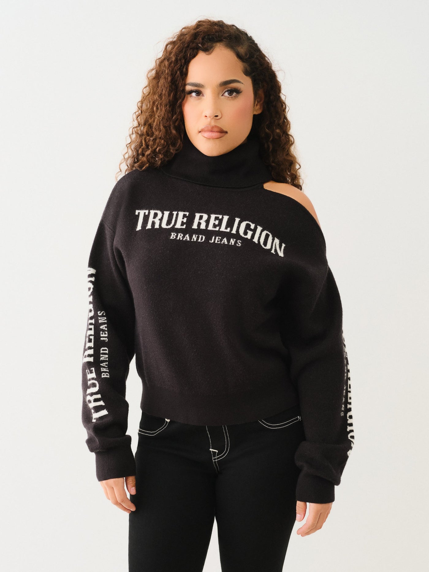 True Religion Turtle Neck Cold Shoulder Swtr Jet Black