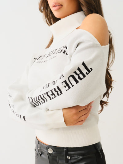 True Religion Turtle Neck Cold Shoulder Swtr Winter White