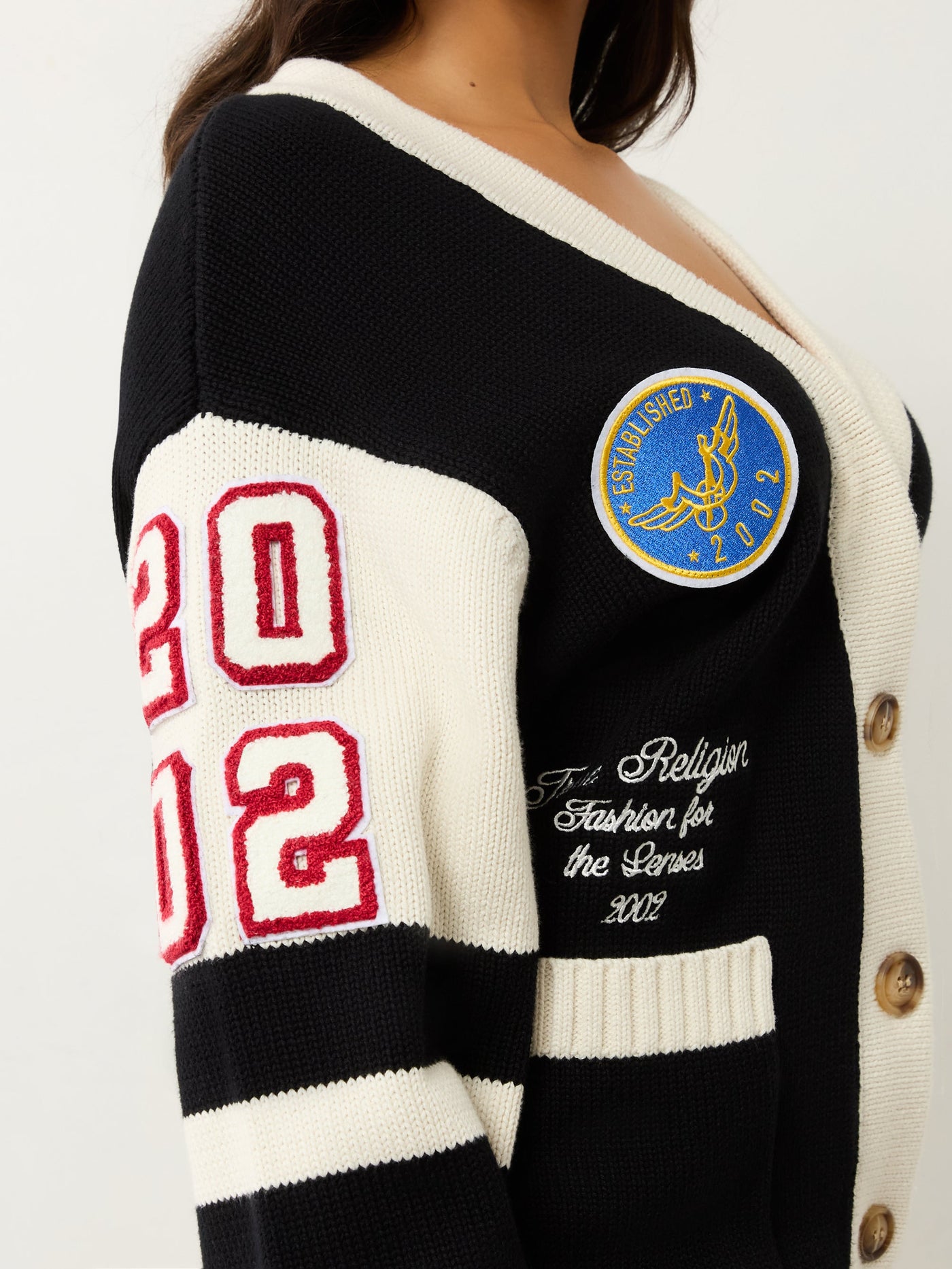 True Religion Sporty Varsity Swtr Cardigan Jet Black / Winter White