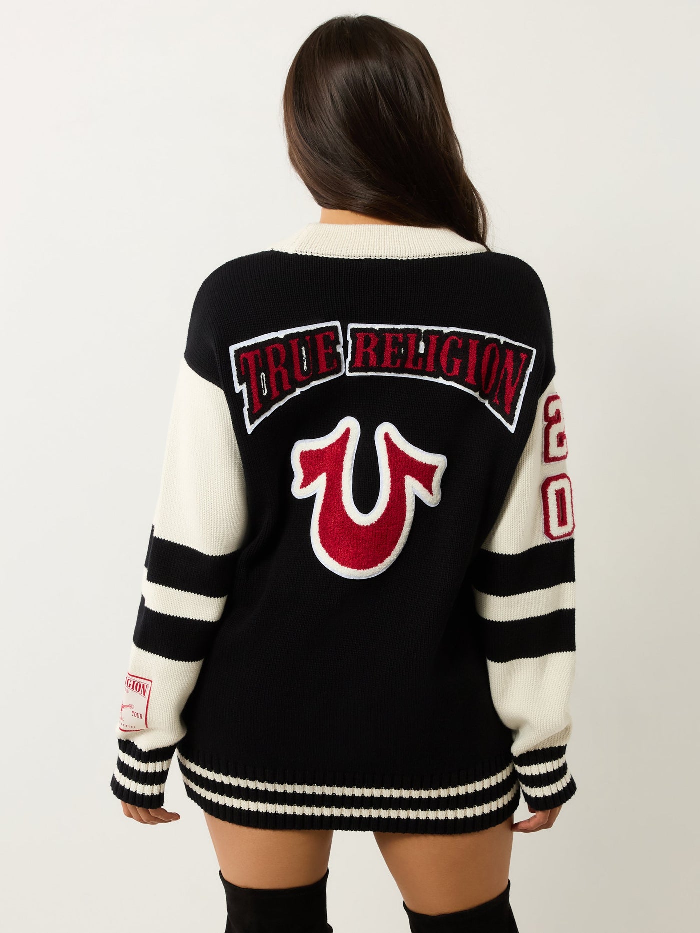 True Religion Sporty Varsity Swtr Cardigan Jet Black / Winter White