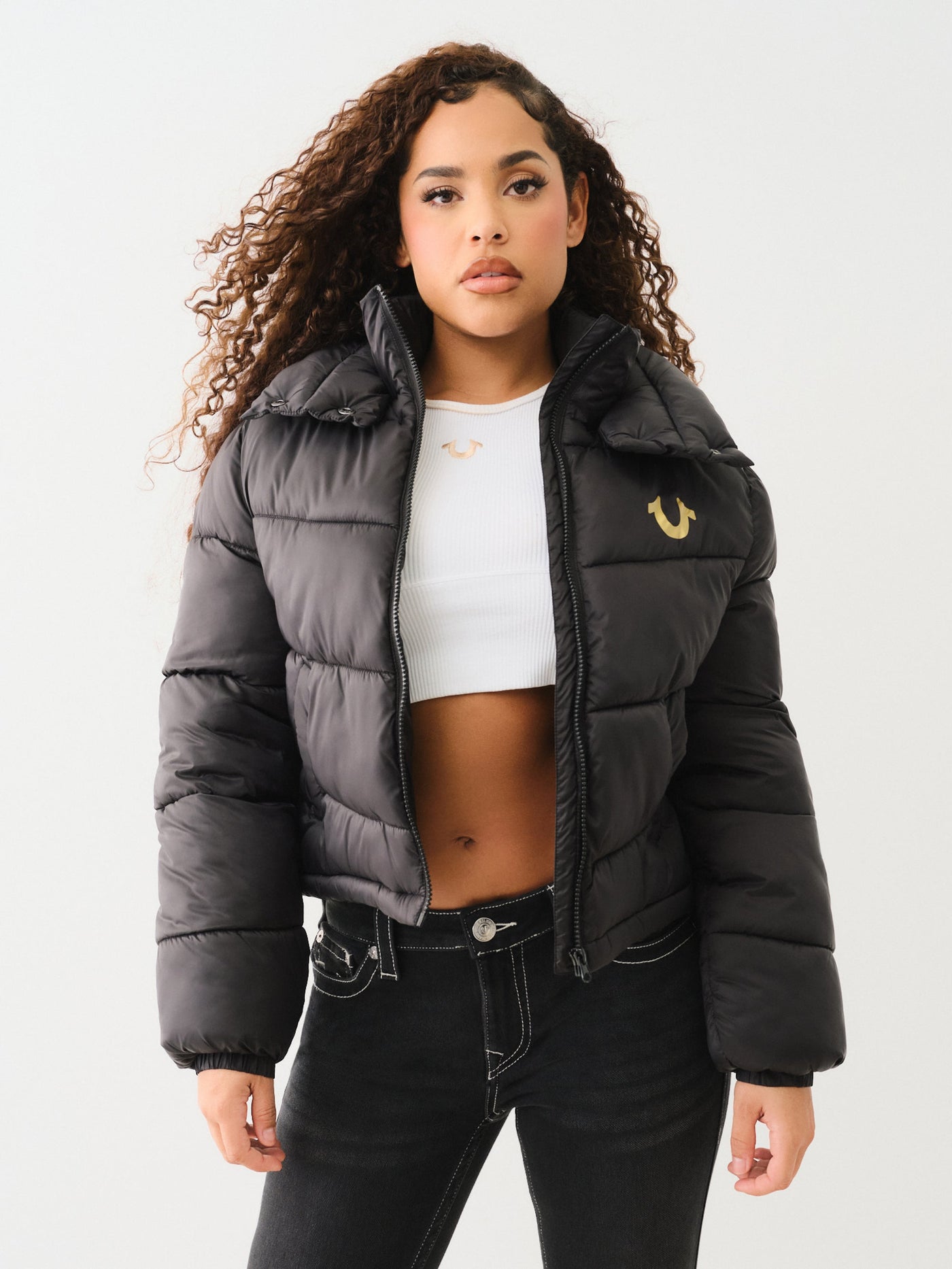 True Religion Double Collar Puffer Jacket Jet Black